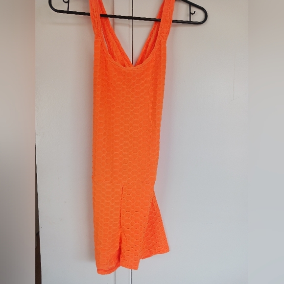 Neon Orange Criss Cross Textured Romper by SJL Apparel - Picture 4 of 7